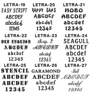 May include: A chart displaying various font styles, including Easy Script, Happy Sans, Hobo, Old English, Scrip 3, Seagull, Stencil, Garamond, and Shell. Each font style is shown with the letters A-F and the numbers 1-5.