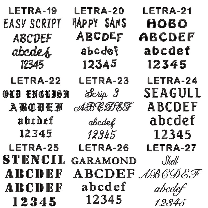 May include: A chart displaying various font styles, including Easy Script, Happy Sans, Hobo, Old English, Scrip 3, Seagull, Stencil, Garamond, and Shell. Each font style is shown with the letters A-F and the numbers 1-5.
