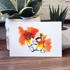 Charmander Starter Series Postcard - Limited Edition Ink & Watercolor Art Print for Pokémon Fans