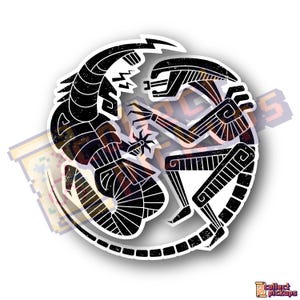 May include: A circular sticker featuring a black and white graphic illustration of two creatures in a combat pose, arranged in a yin-yang style composition. The design includes stylized lines and a distressed texture throughout the black areas.