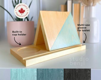Handcrafted Wooden Book Stand with Cupholder & Tablet Groove