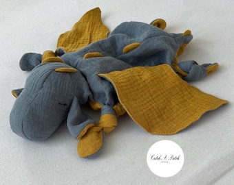 Steel Blue / Mustard Dragon Cuddly Dragon Baby Girl Boy Comforter Birth Gift Baby Shower