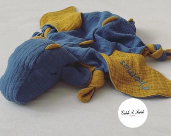 Jeans blue / Mustard dragon cuddly dragon baby girl boy comforter birth gift baby shower