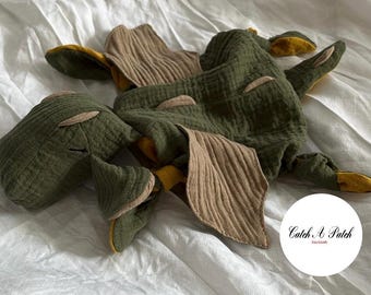 Hunter green / sand / mustard dragon cuddly dragon baby girl boy comforter birth gift baby shower