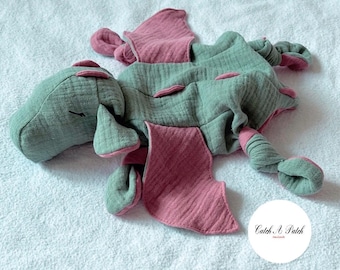 Moss Green / Light Berry Dragon Cuddly Dragon Baby Girl Boy Comforter Birth Gift Baby Shower