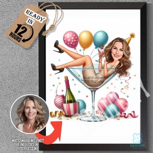 Caricature de 40e anniversaire pour femme en robe marron clair avec cadeaux, oeuvre d'art personnalisée, idée cadeau unique pour la célébration de son 40e anniversaire