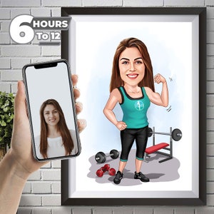 Portrait personnalisé de dessin animé de remise en forme pour femme, caricature de femme à partir d'une photo, caricature drôle, caricature d'haltérophile, cadeau pour haltérophile.