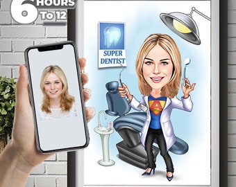 Gepersonaliseerde karikatuurportret supervrouwelijke tandarts (digitale download)