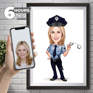 Retrato personalizado de dibujos animados de policía femenina, caricatura de mujer policía personalizada dibujo de foto, caricatura policial divertida, regalo para la policía.