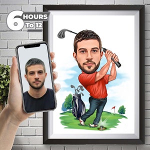 Golfer Gift Drawing Art Custom Caricature Portrait From Your Photo , Golf Player Gift , Golf Cartoon Golfer Caricature gift Digital Download