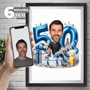 Custom Caricature: 50-Year-Old Man’s Birthday, Jeans & White Outfit, Gift Theme with Sky Blue Accents, Unique Personalized Artwork