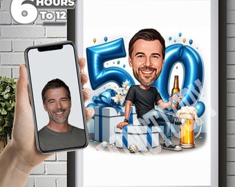 Custom Caricature: 50-Year-Old Man’s Birthday, Jeans & White Outfit, Gift Theme with Sky Blue Accents, Unique Personalized Artwork