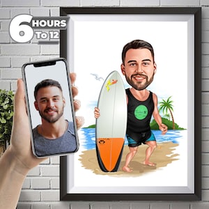 Custom Surfer Caricature, Surfing Caricature from Photo Art, Funny Surfing Digital Portrait, Surfing Cartoon Drawing, Surfing Gift, beach