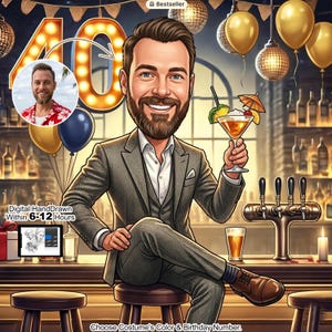 Puede incluir: Caricatura digital de un hombre con traje gris sosteniendo un cóctel, celebrando su 40 cumpleaños. La imagen incluye un inserto fotográfico, globos y un bar. El texto dice "Digital Hand Drawn Within 6-12 Hours."