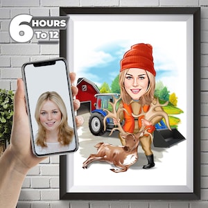 Personalized Woman Hunter Cartoon Portrait, Hunter Portrait, Hunter Gift, Hunter Caricature, Hunter Cartoon Drawing, Caricature from Photo.