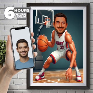 Miami Basketball Heat Cartoon Portrait, benutzerdefinierte lustige Basketballspieler Karikaturzeichnung vom Foto, Geschenk für Basketball.