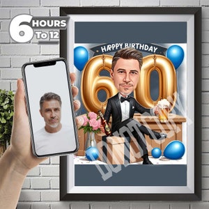 Custom Caricature: 60 Men in Golf Business Attire with Gifts & Golden Accents – Ideal for Birthdays,