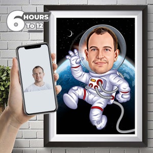 Personalized Astronaut Cartoon Portrait, Custom Astronaut Caricature Drawing from Photo, Funny Astronaut Caricature, Gift for Dad.