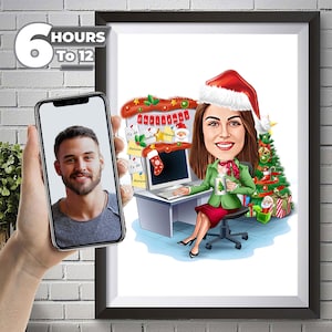 Aangepaste kerstcadeau vrouwelijke baas, kerst vrouwelijke karikatuurtekening van foto, grappig kerstportret aangepaste karikatuur, gepersonaliseerd