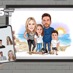 Cadeau caricature de famille, portrait caricature de famille, caricature de famille personnalisée, dessin au trait caricature famille téléchargement numérique,