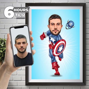 Benutzerdefinierte Captain America svg Karikaturkunst, Superhelden-Karikatur, Superheldenporträt, Papa-Superheld png, Fotogeschenk für Papa
