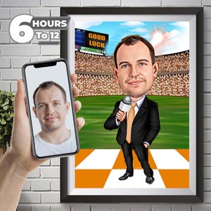 May include: A caricature of a person holding a microphone in front of a green field with a crowd of people in the background. The person is wearing a black suit, a yellow tie, and a white shirt. The scoreboard in the background reads "GOOD LUCK".