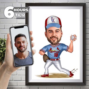 May include: A cartoon caricature of a baseball player wearing a blue jersey with "Cardinals" and the number "13" on the front, a blue and white baseball cap with "CK" on the front, white pants, and a red and white baseball glove. The player is throwing a white baseball.
