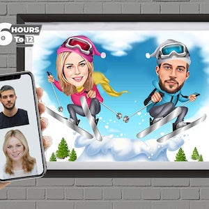 Skikarikatuur voor stel in Vegas, bruiloft cartoon, cadeau voor stel, bruiloft karikatuur van foto, Las Vegas bruiloft karikatuur, Vegas