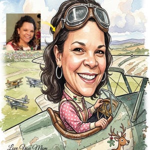 May include: Watercolor caricature of a woman in a vintage airplane, wearing goggles and a pink polka-dot jumpsuit. The image includes the text "Your Photo + Your Design!" and "Love You Mom 18-2-2026".