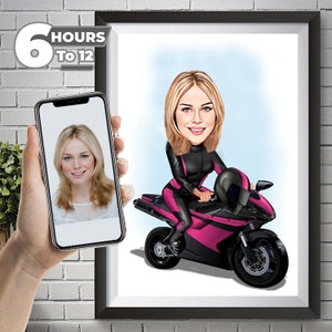 Personalized Biker Drawing, Woman Biker Cartoon Drawing, Woman Biker Drawing, Motorcycle Riders, Motorcycle Lovers, Digital Download.