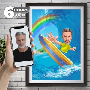 Custom Male Surfer Caricature, Photo Drawing, Cartoon from Photo, Custom Surfing Portrait Drawing, Digital Art, Bobblehead, Gift for Him