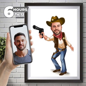 Customized Cow Boy Caricature Portrait from Photo, Custom Cowboy Portrait for him, Wild West, funny Caricature, Unique Gift, Digital Print