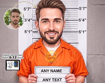 Aangepaste mugshot-karikatuur van foto, gepersonaliseerd gevangeniscartoonportret, grappig cadeau voor hem, digitale afdrukbare kunst