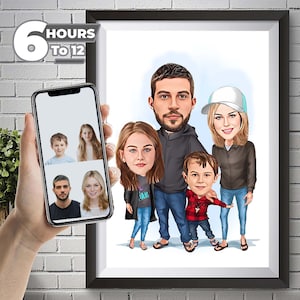 Custom Family Cartoon Portrait, Family Caricature from Photo, Family of 4 Caricature, Gift for Family, Family Caricature, Digital Download.