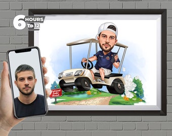 Golfer Birthday Gift - Custom Caricature Portrait From Your Photo , Golf Player Gift , Golf Cartoon,Golfer Caricature gift, Digital Download