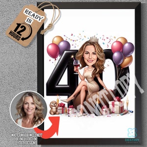 Caricatura de 40 cumpleaños para mujer con vestido marrón claro, con regalos, arte de regalo negro, arte personalizado personalizado, perfecto para su celebración