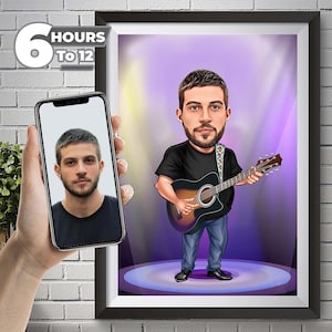 Guitarist Caricature Drawing from Photo, Funny Guitarist Gift for Men, Male Guitarist Cartoon, Guitarist Dad, Guitarist Wall Art Printable.