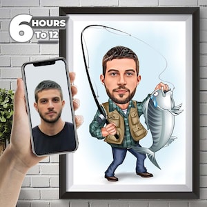 Retrato de dibujos animados de pescador personalizado, retrato de pescador, caricatura de foto, regalo personalizado de pesca, dibujos animados de pescador, caricatura de pescador.