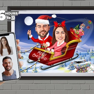 Kerstpaar kerstman karikatuur cadeau van foto's, aangepaste cartoon paar, wenskaart minnaar, uniek kerstcadeau, idee kerstcadeau vriendje