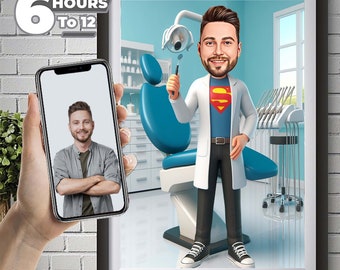 Custom Super Dentist Cartoon Portrait, Dentist Caricature, Gift for Dentist, Dentist Cartoon, Caricature from Photo, Funny Dentist Drawing.