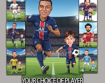 Joueur de football de Mbappe personnalisé avec enfant Caricaturiste de votre choix, entraîneur masculin, entraîneur, photo à dessiner, cadeau d'anniversaire de football prêt à l'emploi