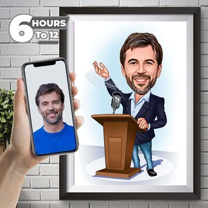 May include: A caricature of a person speaking at a podium with a microphone. The person is wearing a blue suit jacket, a white shirt, and blue jeans. The background is a light blue sky.