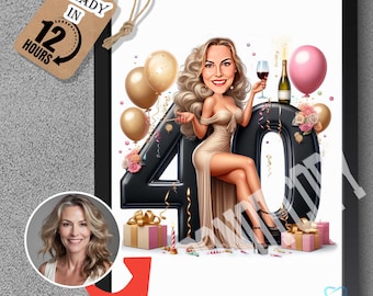 Celebrate 40th Birthday with a Caricature: Woman in Light Brown Dress, Holding Champagne, Gifts, Black 40 Digit, Fun & Unique