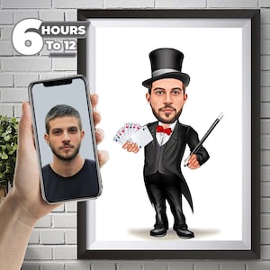 Portrait de magicien dessin animé personnalisé, portrait de magicien, cadeau de magicien, caricature de magicien, caricature de magicien à partir d'une photo, dessin animé illusionniste