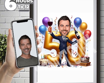 50th Birthday Caricature: Businessman in Gold with Gift, Perfect for Celebrating a Milestone with Style and Humor for a 50-Year-Old Man