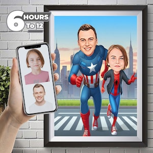 Benutzerdefinierte Super Dad und Tochter Cartoon Portrait Super Dad Portrait Papas Geschenk Super Dad Karikatur Superheld Karikatur Karikatur vom Foto