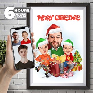 May include: A digital illustration of a family of three, a father and two sons, dressed in Christmas attire. The father is wearing a Santa hat and a green sweater, while the sons are wearing green and red Santa hats. The father is holding a book, and the sons are holding a candy cane and a string of Christmas lights. The illustration is set against a white background with the text "Merry Christmas" in red.