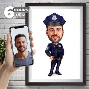 Ritratto di cartone animato della polizia da foto, regalo divertente per agente di polizia per uomini, caricatura della polizia da foto, disegno di caricatura di agente di polizia