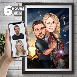 Superhero couple caricature Get Your Own Superhero Portrait from your Photo Custom Superhero Portrait Anniversary Gift, Gift for him or Her