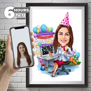 Kerstcadeau vrouwelijke baas, vrouwelijke kerstkarikatuurtekening van foto, grappige cartoon aangepaste karikatuurportret, gepersonaliseerd digitaal